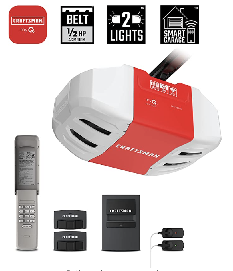 Craftsman belt driven garage door opener alongside the included accessories with a link to where it can be purchased 